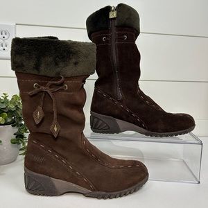 Khombu Allana Dark Brown Suede Faux Fur Lined Side Zip Mid Calf Winter Boots 9